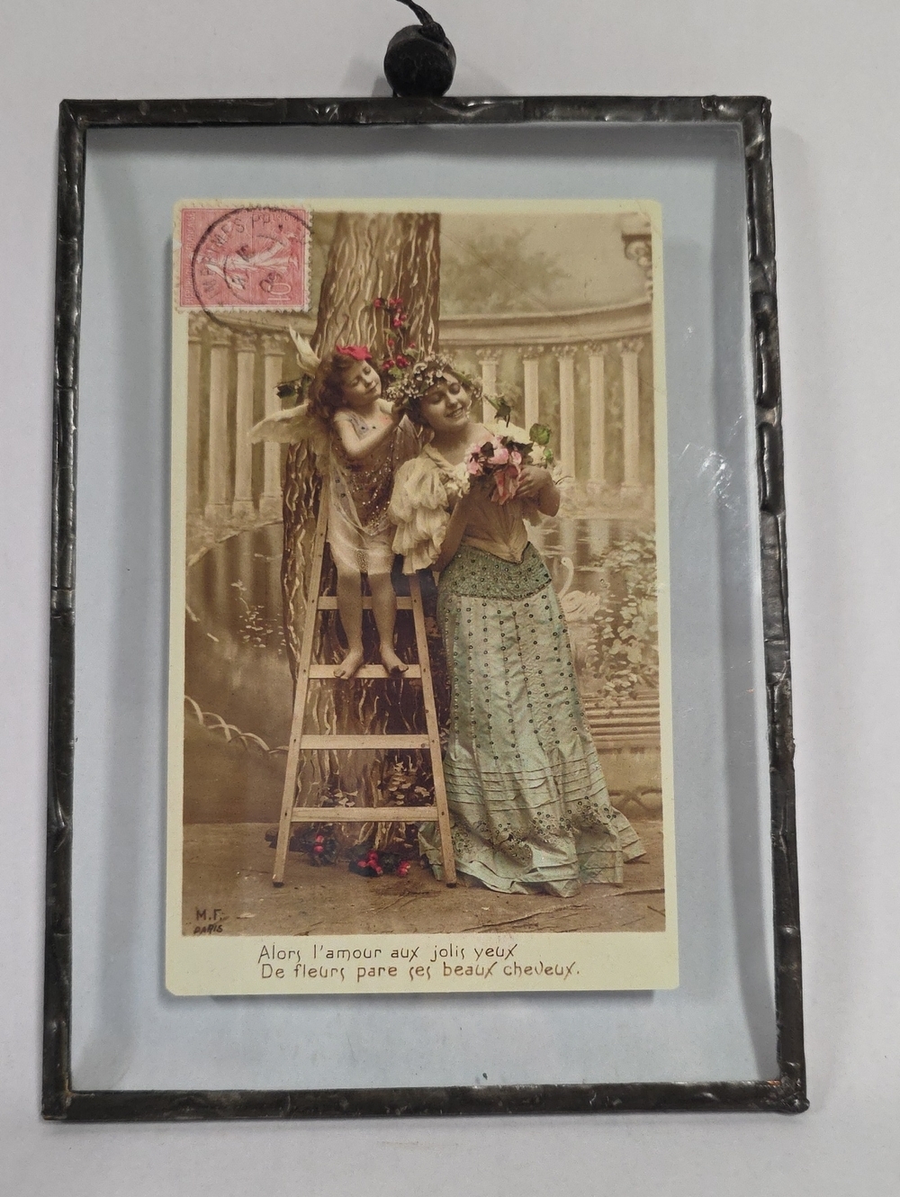 Framed Vintage French Postcard 1900s Union Postale in Floating Glass w/Stand